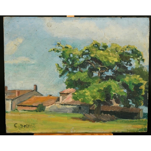 1073 - C. Delleil, Circa 1933, buildings in a summer landscape, oil on panel, signed and inscribed verso, 1... 