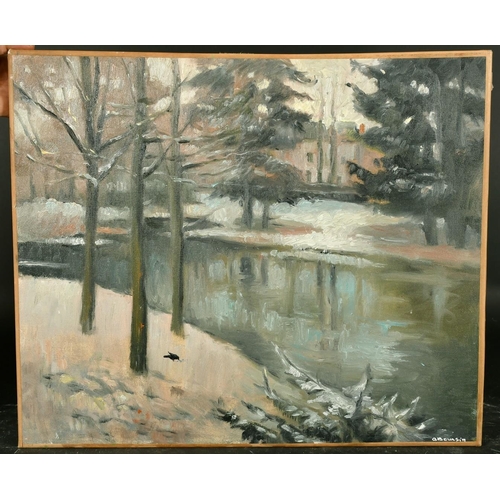 1074 - A. Boursin, 20th Century French, a view of buildings over a lake, oil on canvas, signed, 18