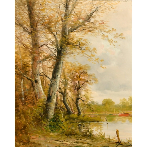 1075 - 20th Century French School, boats moored on a tree lined lake, oil on canvas, indistinctly signed, 2... 