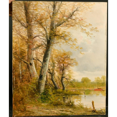 1075 - 20th Century French School, boats moored on a tree lined lake, oil on canvas, indistinctly signed, 2... 