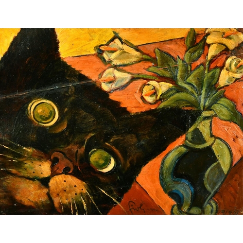 1076 - French School, circa 1951, a still life study of a cat and flowers, oil on canvas, 10.5