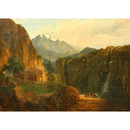 1077 - 19th Century French School, Wayfarers with livestock on a mountain path, oil on canvas 14