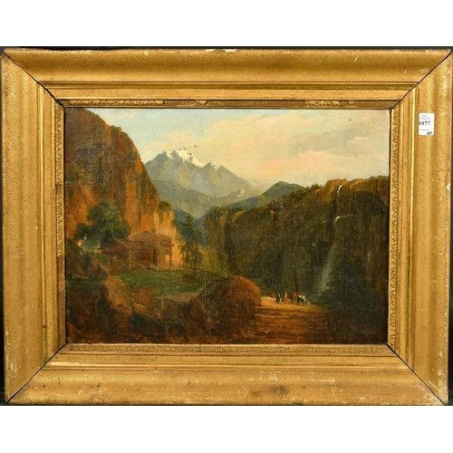 1077 - 19th Century French School, Wayfarers with livestock on a mountain path, oil on canvas 14