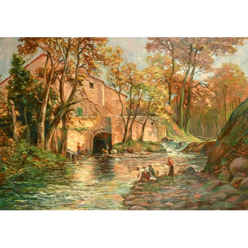 1078 - 20th Century French School, a view of figures washing clothes on a river, oil on canvas, 25.5