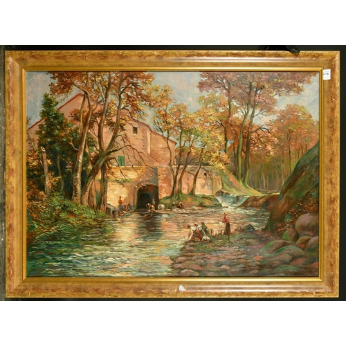 1078 - 20th Century French School, a view of figures washing clothes on a river, oil on canvas, 25.5