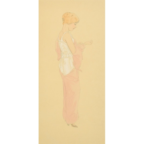 1347 - Raphael Kirchner (1876-1917) Austrian, a study of an elegant lady unbuttoning her dress, watercolour... 