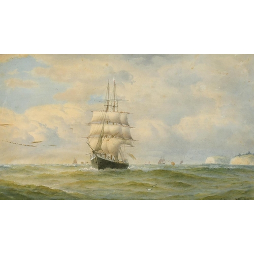 1353 - Charles Napier Hemy (1841-1917) A tall ship with wind in her sails off the coast with other shipping... 