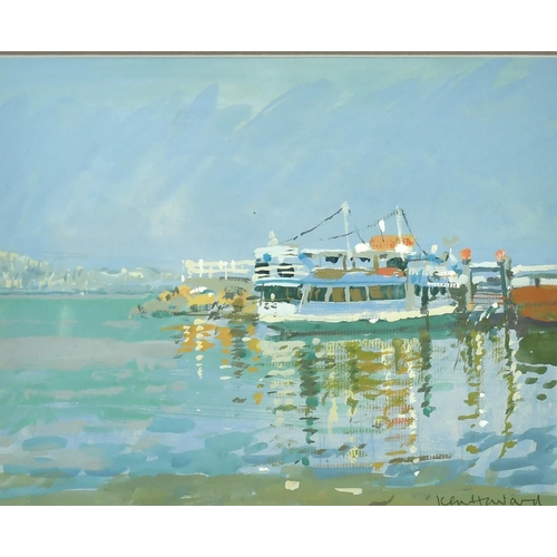 1355 - Ken Howard (b. 1932) British, 'The Dead Sea', a ferry boat moored at a quay, gouache on paper, signe... 