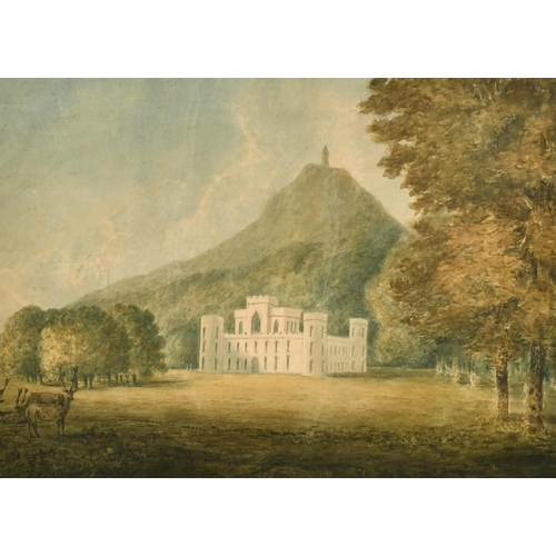 1361 - British School (c.1850) A neogothic stately home in a park beside a mount, watercolour, 8.25