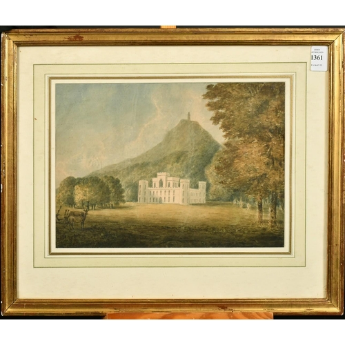 1361 - British School (c.1850) A neogothic stately home in a park beside a mount, watercolour, 8.25