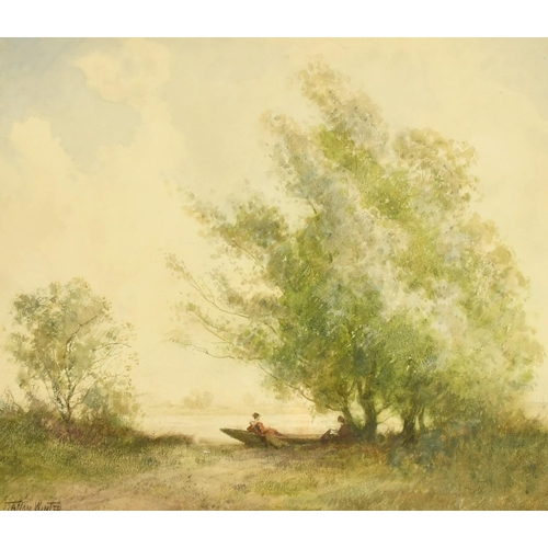 1368 - William Tatton Winter (1855-1928), 'Under the Trees', Figures in a boat by a river, watercolour, sig... 