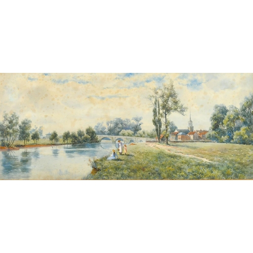 1374 - Claude Rowbotham 'Wallingford, Oxfordshire', a view with figures by a river with a bridge, houses an... 