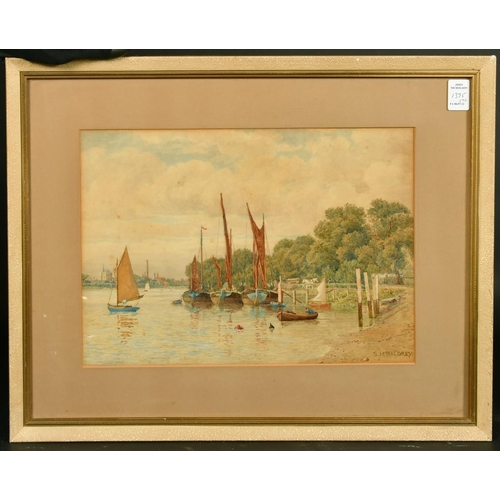 1375 - S.H. Baldrey, A pair of river scenes with moored barges  and other sailing boats along with a hay ba... 