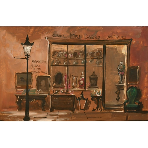 1625 - Deborah Jones (20th Century) 'Mrs Dabbs Antiques', a shop with items displayed on the pavement, oil ... 