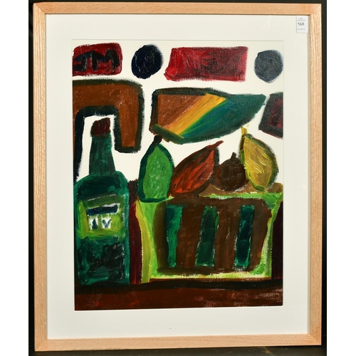 1632 - Jamie Moynahan (20th Century) a still life of fruit and a bottle, acrylic on canvas, signed with ini... 