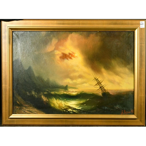 1635 - Manner of Aivazovsky, Russian, A loan masked ship on the coast at dusk, oil on canvas, signed and da... 