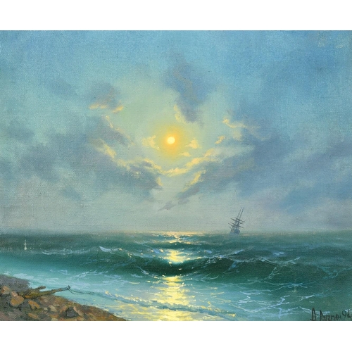 1636 - Manner of Aivazovsky, Russian, A ship in a moonlit sea, oil on canvas, signed and dated, 16