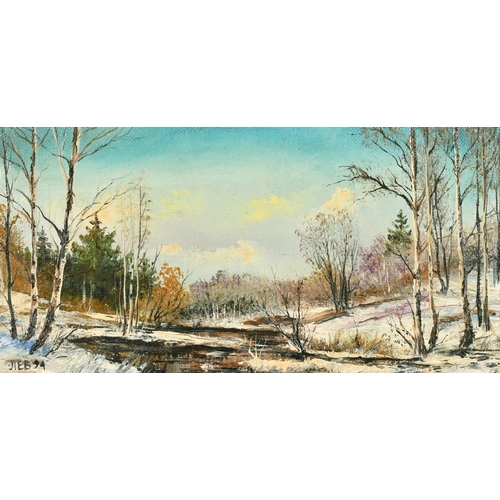 1640 - 20th Century Russian School, A pair of extensive landscapes with trees and snow on the ground, oils ... 