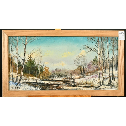 1640 - 20th Century Russian School, A pair of extensive landscapes with trees and snow on the ground, oils ... 