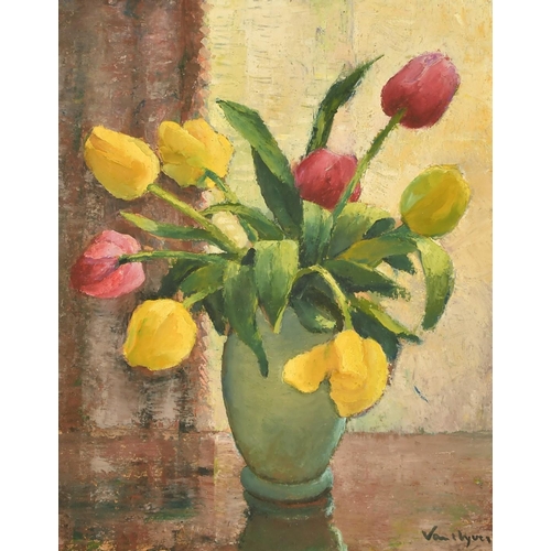 2001 - 20th Century French School, a still life of tulips in a vase, oil on board, indistinctly signed, 18