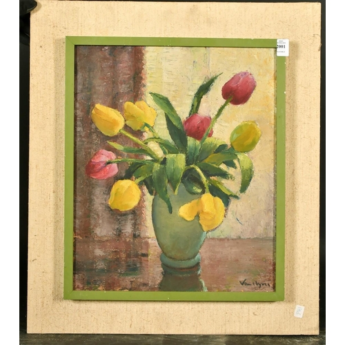 2001 - 20th Century French School, a still life of tulips in a vase, oil on board, indistinctly signed, 18