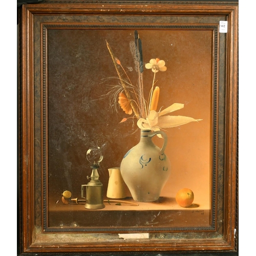 2002 - J.J. Hauser, a still life of mixed objects, oil on canvas, signed, 21.75