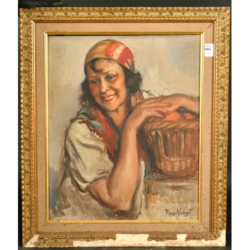 2003 - Roux Abougit, Study of a lady leaning on a basket, oil on panel, signed, 18