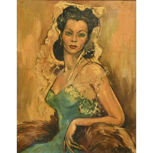 2004 - 20th Century French School, half-length study of an elegant lady, oil on board, indistinctly signed ... 