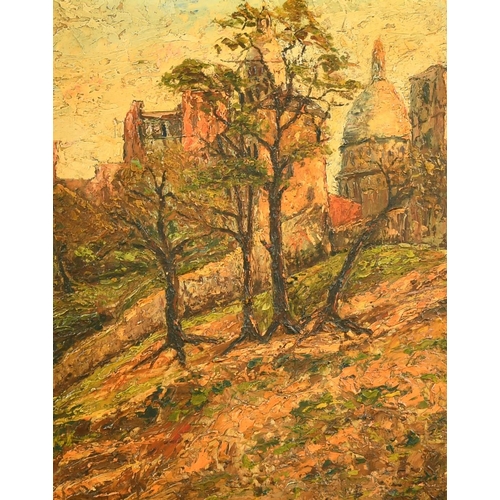 2005 - 20th Century French School, a view towards Montmartre through trees, oil on board, 16