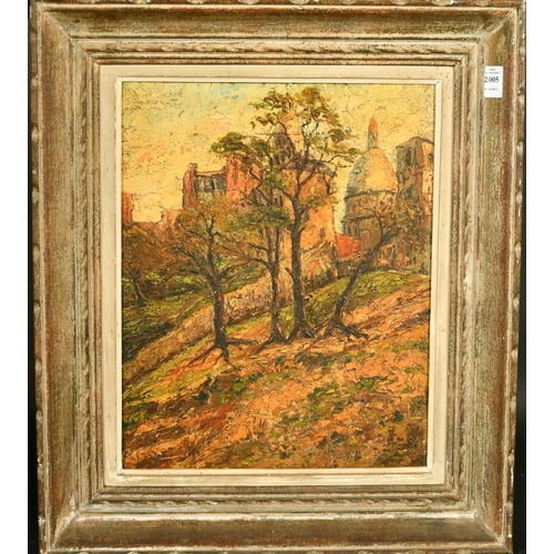 2005 - 20th Century French School, a view towards Montmartre through trees, oil on board, 16