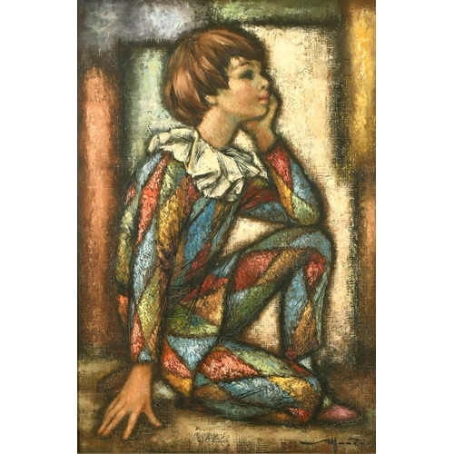 2007 - Manzone, study of a kneeling child in a harlequin outfit, oil on canvas, signed, 28.75