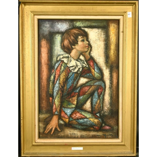 2007 - Manzone, study of a kneeling child in a harlequin outfit, oil on canvas, signed, 28.75