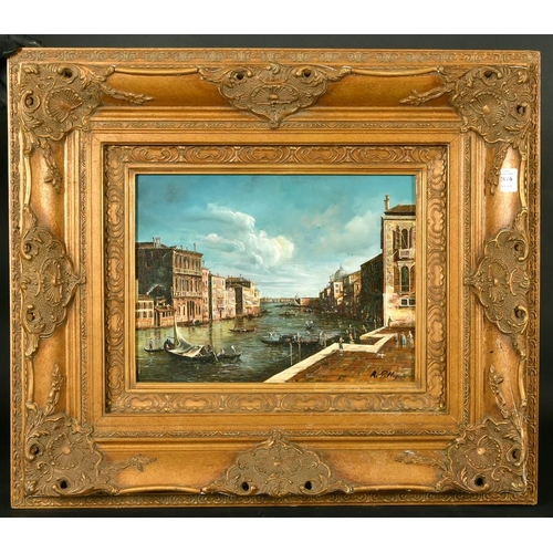 2016 - 20th Century School, a canal scene, Venice, oil on panel, indistinctly signed, 12