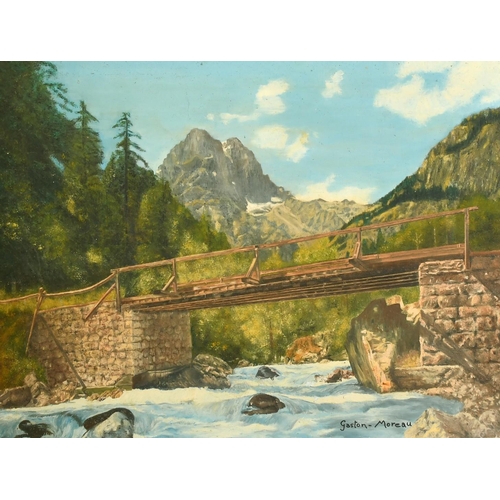 2022 - Gaston Moreau, bridge over an alpine river, oil on canvas, signed, 18