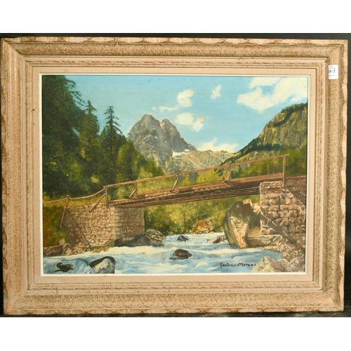 2022 - Gaston Moreau, bridge over an alpine river, oil on canvas, signed, 18