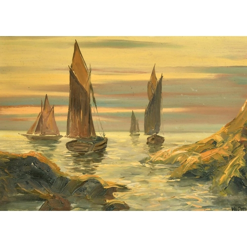 2023 - 20th Century French School, boats along a rocky coastline at dusk, oil on board, indistinctly signed... 