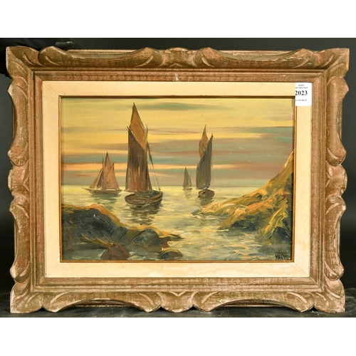 2023 - 20th Century French School, boats along a rocky coastline at dusk, oil on board, indistinctly signed... 