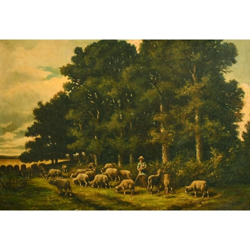 2030 - 19th Century, Barbizon School, a shepherd and his flock in a clearing, oil on canvas, 13