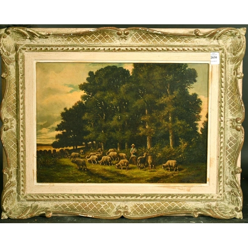 2030 - 19th Century, Barbizon School, a shepherd and his flock in a clearing, oil on canvas, 13