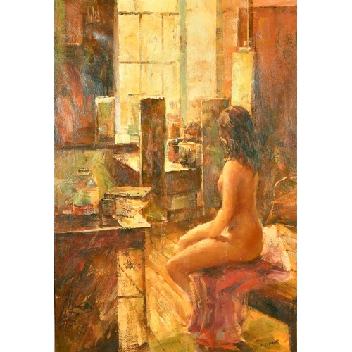 2033 - V. Lepret, a female nude in an artist studio, oil on canvas, signed, 35.5