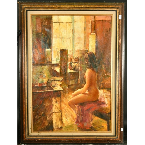 2033 - V. Lepret, a female nude in an artist studio, oil on canvas, signed, 35.5