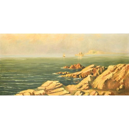 2036 - Calvo, circa 1926, a sailboat approaching a rocky coastline, oil on canvas, signed, 19.75