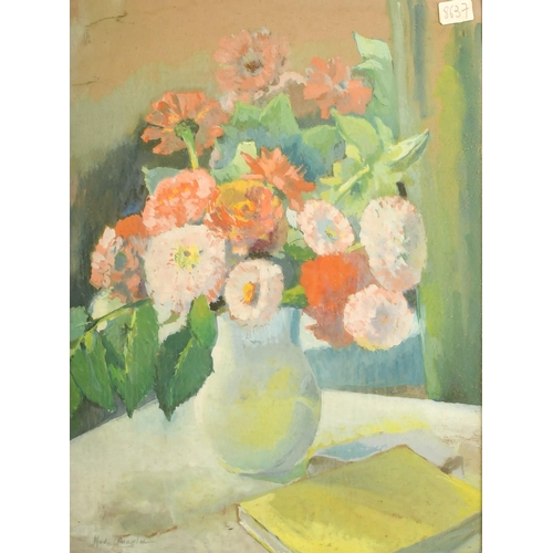 2038 - 20th Century French school, a colourful still life of mixed flowers, watercolour indistinctly signed... 