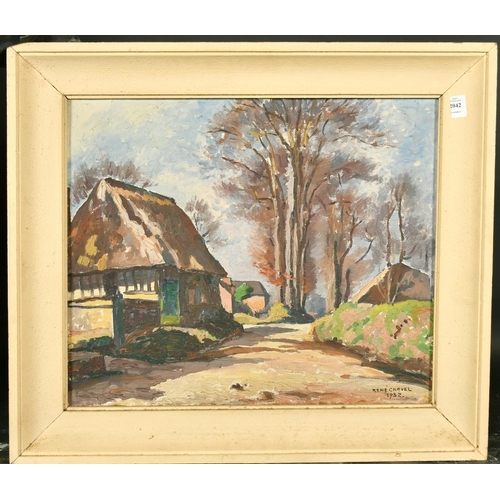 2042 - Rene Crevel circa 1932, a pathway thought a French village, oil on board, signed, 18.5