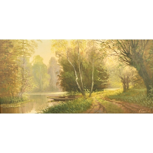 2043 - R. Lambert, 20th Century, pathway by a treelined river, oil on canvas, signed, 15.75