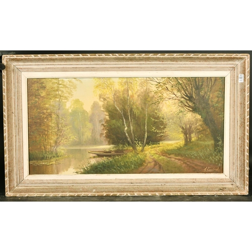 2043 - R. Lambert, 20th Century, pathway by a treelined river, oil on canvas, signed, 15.75