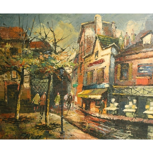 2044 - 20th Century French School, figures on a city street, oil on canvas, indistinctly signed and dated, ... 