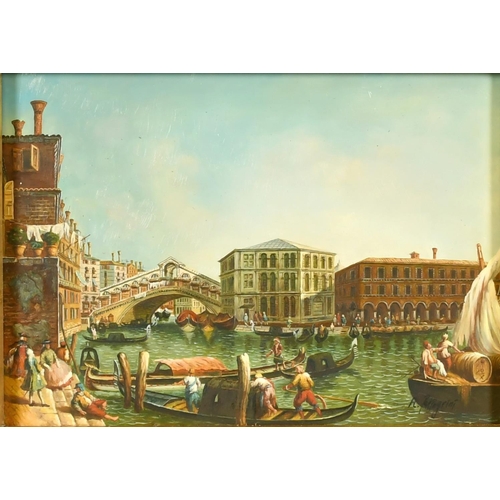 2045 - 20th Century School, figures on gondolas with the Rialto Bridge in the distance, oil on panel, indis... 