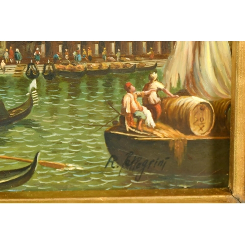 2045 - 20th Century School, figures on gondolas with the Rialto Bridge in the distance, oil on panel, indis... 