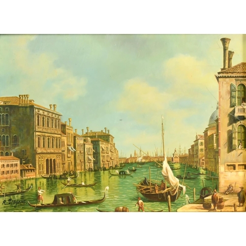 2046 - 20th Century School, gondolas on a Venetian canal, oil on panel, indistinctly signed, 9.5